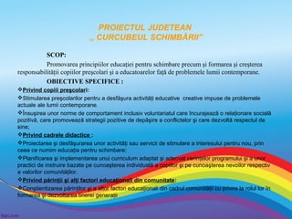 PROIECTUL JUDETEAN
,, CURCUBEUL SCHIMBĂRII”
SCOP:
Promovarea principiilor educaţiei pentru schimbare precum şi formarea şi creşterea
responsabilităţii copiilor preşcolari şi a educatoarelor faţă de problemele lumii contemporane.
OBIECTIVE SPECIFICE :
Privind copiii preşcolari:
Stimularea preşcolarilor pentru a desfăşura activităţi educative creative impuse de problemele
actuale ale lumii contemporane.
Însuşirea unor norme de comportament inclusiv voluntariatul care încurajează o relaţionare socială
pozitivă, care promovează strategii pozitive de depăşire a conflictelor şi care dezvoltă respectul de
sine;
Privind cadrele didactice :
Proiectarea şi desfăşurarea unor activităţi sau servicii de stimulare a interesului pentru nou, prin
ceea ce numim educaţia pentru schimbare;
Planificarea şi implementarea unui curriculum adaptat şi adecvat cerinţelor programului şi a unor
practici de instruire bazate pe cunoaşterea individuală a copiilor şi pe cunoaşterea nevoilor respectiv
a valorilor comunităţilor.
Privind părinţii şi alţi factori educaţionali din comunitate:
Conştientizarea părinţilor şi a altor factori educaţionali din cadrul comunităţii cu privire la rolul lor în
formarea şi dezvoltarea tinerei generaţii

 