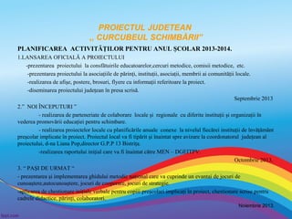 PROIECTUL JUDETEAN
,, CURCUBEUL SCHIMBĂRII”
PLANIFICAREA ACTIVITĂŢILOR PENTRU ANUL ŞCOLAR 2013-2014.
1.LANSAREA OFICIALĂ A PROIECTULUI
-prezentarea proiectului la consfătuirile educatoarelor,cercuri metodice, comisii metodice, etc.
-prezentarea proiectului la asociaţiile de părinţi, instituţii, asociaţii, membrii ai comunităţii locale.
-realizarea de afişe, postere, brosuri, flyere cu informaţii referitoare la proiect.
-diseminarea proiectului judeţean în presa scrisă.
Septembrie 2013
2.” NOI ÎNCEPUTURI ”
- realizarea de parteneriate de colaborare locale şi regionale cu diferite instituţii şi organizaţii în
vederea promovării educaţiei pentru schimbare.
- realizarea proiectelor locale cu planificările anuale conexe la nivelul fiecărei instituţii de învăţământ
preşcolar implicate în proiect. Proiectul local va fi tipărit şi înaintat spre avizare la coordonatorul judeţean al
proiectului, d-na Liana Pop,director G.P.P 13 Bistriţa.
-realizarea raportului iniţial care va fi înaintat către MEN – DGEITPV.
Octombrie 2013.
3. “ PAŞI DE URMAT “
- prezentarea şi implementarea ghidului metodic naţional care va cuprinde un evantai de jocuri de
cunoaştere,autocunoaştere, jocuri de cooperare, jocuri de strategie.
-aplicarea de chestionare iniţiale verbale pentru copiii preşcolari implicaţi în proiect, chestionare scrise pentru
cadrele didactice, părinţi, colaboratori.
Noiembrie 2013.

 