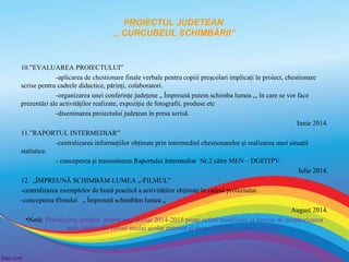 PROIECTUL JUDETEAN
,, CURCUBEUL SCHIMBĂRII”

10.”EVALUAREA PROIECTULUI”
-aplicarea de chestionare finale verbale pentru copiii preşcolari implicaţi în proiect, chestionare
scrise pentru cadrele didactice, părinţi, colaboratori.
-organizarea unei conferinţe judeţene „ Împreună putem schimba lumea „, în care se vor face
prezentări ale activităţilor realizate, expoziţie de fotografii, produse etc
-diseminarea proiectului judeţean în presa scrisă.
Iunie 2014.
11.”RAPORTUL INTERMEDIAR”
-centralizarea informaţiilor obţinute prin intermediul chestionarelor şi realizarea unei situaţii
statistice.
- conceperea şi transmiterea Raportului Intermediar Nr.2 către MEN – DGEITPV.
Iulie 2014.
12. „ÎMPREUNĂ SCHIMBĂM LUMEA „-FILMUL”
-centralizarea exemplelor de bună practică a activităţilor obţinute în cadrul proiectului.
-conceperea filmului „ Împreună schimbăm lumea „
August 2014.
•Notă: Planificarea temelor pentru anul şcolar 2014-2015 poate suferi modificări în funcţie de monitorizarea
activităţilor din cursul anului şcolar anterior şi de modificările apărute ulterior.

 