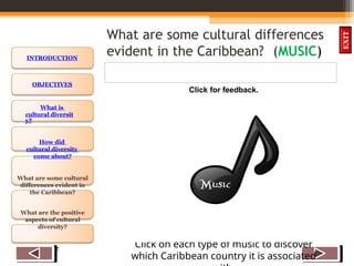 OBJECTIVES
What is
cultural diversit
y?
How did
cultural diversity
come about?
What are some cultural
differences evident in
the Caribbean?
What are the positive
aspects of cultural
diversity?
QUIZ
INTRODUCTION
EXIT
What are some cultural differences
evident in the Caribbean? (MUSIC)
Calypso Kumina
Shanto
Merengue
Rhumba Reggae
Click on each type of music to discover
which Caribbean country it is associated
Click for feedback.
 