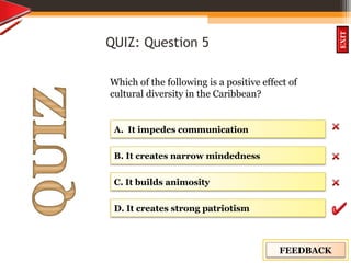 OBJECTIVES
What is
cultural dive
rsity?
How did
cultural diversity
come about?
What are some cultural
differences evident in
the Caribbean?
What are the positive
aspects of cultural
diversity?
QUIZ
INTRODUCTION
EXIT
QUIZ: Question 5
Which of the following is a positive effect of
cultural diversity in the Caribbean?
B. It creates narrow mindedness
D. It creates strong patriotism
C. It builds animosity
A. It impedes communication
FEEDBACK
 