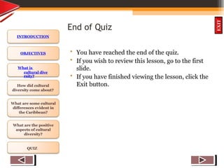 OBJECTIVES
What is
cultural dive
rsity?
How did cultural
diversity come about?
What are some cultural
differences evident in
the Caribbean?
What are the positive
aspects of cultural
diversity?
QUIZ
INTRODUCTION
EXIT
End of Quiz
• You have reached the end of the quiz.
• If you wish to review this lesson, go to the first
slide.
• If you have finished viewing the lesson, click the
Exit button.
 