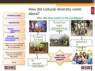 OBJECTIVES
What is
cultural dive
rsity?
How did
cultural diversity
come about?
What are some cultural
differences evident in
the Caribbean?
What are the positive
aspects of cultural
diversity?
QUIZ
INTRODUCTION
EXIT
How did cultural diversity come
about?
Why did they come to the Caribbean?
Indenture
d
Labourer
s
To search
for food
To
discover
new lands
To work on
sugar
plantations as
slaves
CAN YOU
NAME EACH
GROUP?
 