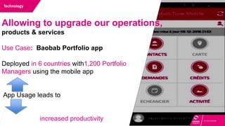 Technology
Allowing to upgrade our operations,
products & services
Use Case: Baobab Portfolio app
Deployed in 6 countries with1,200 Portfolio
Managers using the mobile app
App Usage leads to
increased productivity
 
