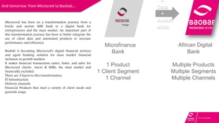 And tomorrow: from Microcred to Baobab….
+
Data
+
Autom
ation
Microfinance
Bank
1 Product
1 Client Segment
1 Channel
African Digital
Bank
Multiple Products
Multiple Segments
Multiple Channels
Microcred has been on a transformation journey from a
bricks and mortar SME bank to a digital bank for
entrepreneurs and the mass market. An important part of
this transformation journey has been to better integrate the
use of client data and automated products to increase
performance and efficiency.
Baobab is becoming Microcred’s digital financial services
and agent banking solution for mass market financial
inclusion in growth markets.
It makes financial transactions easier, faster, and safer for
Microcred clients- micro & SMEs, the mass market and
financially excluded.
There are 3 layers to this transformation:
IT Infrastructure
Delivery channels
Financial Products that meet a variety of client needs and
generate usage
 