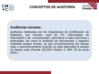 CONCEPTOS DE AUDITORÍA
Auditorías remotas:
auditorías realizadas por los Organismos de Certificación de
Sistemas, que i...