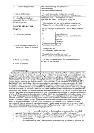 3.

Words of appreciation

4. Words of affirmation -

My ratingMy rating of my
partnersMy Partners5. Words of
acknowledgement

PHYSICAL PROJECTION

That was indeed very thoughtful of you.”
“You can make it.”
Thank you for bearing with us.
“ You really deserve the best service from us.”
“You are a real connoisseur. You made a perfect choice
“ I see your point.” “Your point is well taken.’
“I get what you mean. “You’re right in saying that…”
“ I buy that idea. We are thinking along the same line.”
“ I agree that we really need to change our system on.”
Yes, you are right ins saying that… But I’d like you to know
that…..

Rating of me
6. Words of agreement

7. Words of empathy – feeling for a
person as if we are in his place

“I can understand your predicament.”
“ I can see how irritated you are and I understand why
you feel that way.”
“ It pains me to see you sad.”
“ I can imagine your situation”.
“I’m sorry to hear about that”.
“My sincerest condolence.”
“I salute you for that.”
“You are really a man of fine taste.”
“I’m sad to hear about the bad news”
“Please accept my sincerest condolence”.

8. Words of admiration

‘Im sorry for having caused you such inconvenience.
I’m sorry for the oversight.

9. Words of sympathy

10. Words of apology

Handling Guest Complaints Clean looking, well groomed, clean nails, teeth, uniform, no offensive odorHas poise,
show of confidence; has eye contact; not inhibited, shy or withdrawnHas physical impact; commands attention; looks
smartPleasant, warm disposition, smiles, no sour face No unpleasant body language or bad mannerisms like biting nails,
fidgeting, scratching, etc. Decent looking in the way he dresses; not very ragged or over dressedPractices proper
hygiene, changes underwear and stockings regularly, Takes , bath daily Others – specifyVERBAL PROJECTION 1.
Speaks clearly, easy to understand 2. Convincing and credible when raising a point or in making a presentation 3. Polite &
courteous in the use of words; avoids insulting, hurting people Pleasant tone (not harsh nor monotone)Good listener; attentive,
shows interest in what others have to say, Uses modulated volume & speed (not too loud or too soft, nor too fast or slow) Uses magic
words like “please, kindly, I’m sorry, may I,” (not brutally frank) Does not spread gossip nor participate in gossipsHonest
and truthful, does not bluff, nor exaggerate to win admirationOthersBEHAVIOR & ETHICSPractices good table
manners like uses a serving spoon when getting food, 2. Sensitive and considerate to the needs and feelings
of others, 3. Gives respect and consideration to ladies, elderly and handicapped like giving them a seat in the
bus, etc.4. Keeps appointments and come on time5. Relaxed, show composure when faced with irritating
people & situations6. Practices social graces in parties, when introduced, when escorting ladies7. Gives
respect to authority, does not by pass, greets them8. Respects the privacy of others does not open their
letters or read texst messages; interfere in their private affairs, no eavesdropping, meddling in private
conversation9. Has no unhygienic practices like spitting in public areas, sneezing w/o covering my mouth,
etc.10. Has the habit of greeting people – friends, school officials, elderly, people in authority11. Keeps work
station clean and in order, practices “clean as you go”.Others

1.
2.
1.
2.
3.
4.

responds positively to those needing help, even when not asked

Approach the complainant as you say : "Anything I can do for you or May I help you sir?”
Get more details. Listen attentively; let him finish his statement before reacting. If message is not
clear, confirm or clarify. .If I got you right sir, are you saying that....” “I heard you say…….., do
you mean that..”
3. Be calm and sober even if the customer is rude or shouting at the peak of his voice. Be

 