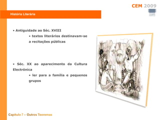 História Literária Antiguidade ao Séc. XVIII textos literários destinavam-se a recitações públicas Séc. XX ao aparecimento da Cultura Electrónica ler para a família e pequenos grupos 