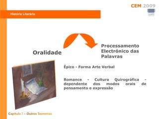 Oralidade Processamento Electrónico das Palavras Épico - Forma Arte Verbal Romance - Cultura Quirográfica - dependente dos modos orais de pensamento e expressão História Literária 