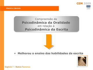 Melhorou o ensino das habilidades da escrita História Literária Compreensão da   Psicodinâmica da Oralidade   em relação à  Psicodinâmica da Escrita 