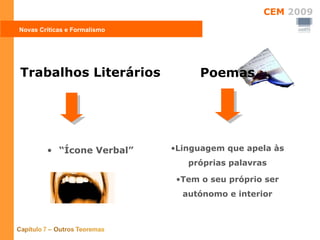 Poemas Linguagem que apela às próprias palavras Tem o seu próprio ser autónomo e interior Novas Críticas e Formalismo Trabalhos Literários “ Ícone Verbal” 