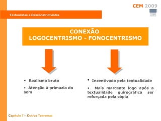 Realismo bruto Atenção à primazia do som Incentivado pela textualidade Mais marcante logo após a textualidade quirográfica ser reforçada pela cópia Textualistas e Desconstrutivistas CONEXÃO  LOGOCENTRISMO - FONOCENTRISMO 