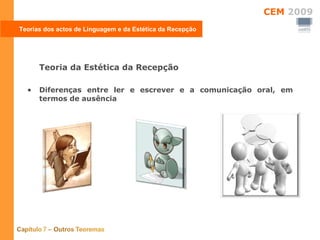 Teorias dos actos de Linguagem e da Estética da Recepção Teoria da Estética da Recepção Diferenças entre ler e escrever e a comunicação oral, em termos de ausência 