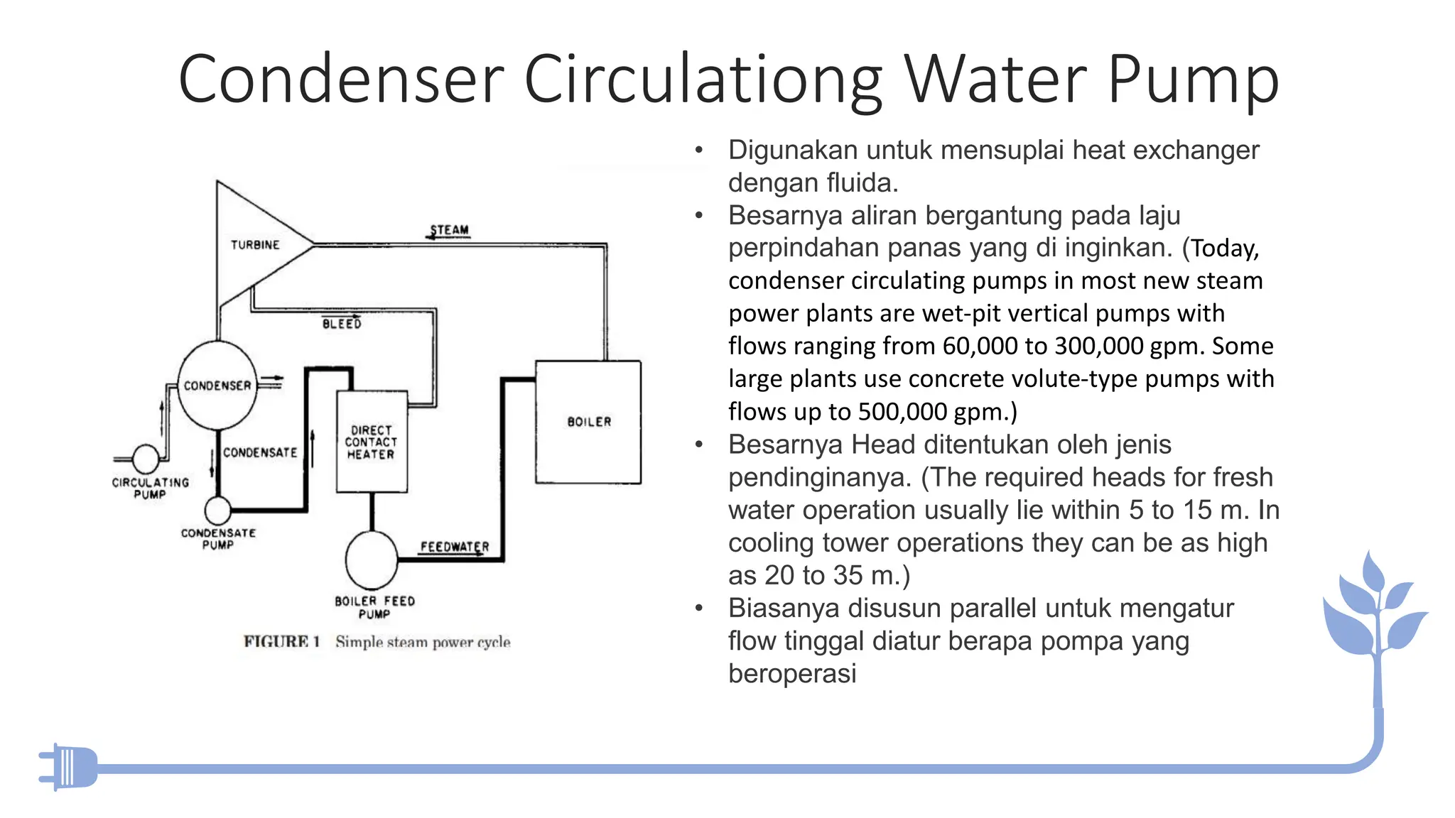 Condenser Circulationg Water Pump
• Digunakan untuk mensuplai heat exchanger
dengan fluida.
• Besarnya aliran bergantung pada laju
perpindahan panas yang di inginkan. (Today,
condenser circulating pumps in most new steam
power plants are wet-pit vertical pumps with
flows ranging from 60,000 to 300,000 gpm. Some
large plants use concrete volute-type pumps with
flows up to 500,000 gpm.)
• Besarnya Head ditentukan oleh jenis
pendinginanya. (The required heads for fresh
water operation usually lie within 5 to 15 m. In
cooling tower operations they can be as high
as 20 to 35 m.)
• Biasanya disusun parallel untuk mengatur
flow tinggal diatur berapa pompa yang
beroperasi
 