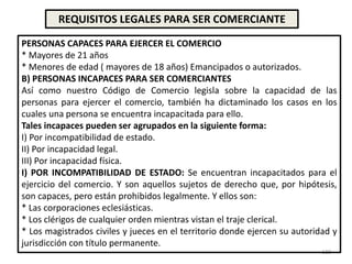 130
REQUISITOS LEGALES PARA SER COMERCIANTE
PERSONAS CAPACES PARA EJERCER EL COMERCIO
* Mayores de 21 años
* Menores de edad ( mayores de 18 años) Emancipados o autorizados.
B) PERSONAS INCAPACES PARA SER COMERCIANTES
Así como nuestro Código de Comercio legisla sobre la capacidad de las
personas para ejercer el comercio, también ha dictaminado los casos en los
cuales una persona se encuentra incapacitada para ello.
Tales incapaces pueden ser agrupados en la siguiente forma:
I) Por incompatibilidad de estado.
II) Por incapacidad legal.
III) Por incapacidad física.
I) POR INCOMPATIBILIDAD DE ESTADO: Se encuentran incapacitados para el
ejercicio del comercio. Y son aquellos sujetos de derecho que, por hipótesis,
son capaces, pero están prohibidos legalmente. Y ellos son:
* Las corporaciones eclesiásticas.
* Los clérigos de cualquier orden mientras vistan el traje clerical.
* Los magistrados civiles y jueces en el territorio donde ejercen su autoridad y
jurisdicción con título permanente.
 