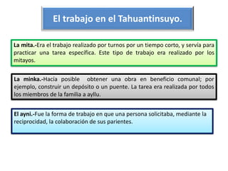 El trabajo en el Tahuantinsuyo.
La mita.-Era el trabajo realizado por turnos por un tiempo corto, y servía para
practicar una tarea específica. Este tipo de trabajo era realizado por los
mitayos.
La minka.-Hacía posible obtener una obra en beneficio comunal; por
ejemplo, construir un depósito o un puente. La tarea era realizada por todos
los miembros de la familia a ayllu.
El ayni.-Fue la forma de trabajo en que una persona solicitaba, mediante la
reciprocidad, la colaboración de sus parientes.
 
