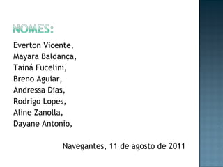 Everton Vicente, Mayara Baldança, Tainá Fucelini, Breno Aguiar, Andressa Dias, Rodrigo Lopes, Aline Zanolla, Dayane Antonio, Navegantes, 11 de agosto de 2011 