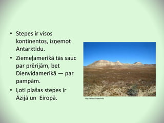 • Stepes ir visos
kontinentos, izņemot
Antarktīdu.
• Ziemeļamerikā tās sauc
par prērijām, bet
Dienvidamerikā — par
pampām.
• Ļoti plašas stepes ir
Āzijā un Eiropā. http://airtour.lv/asv/info/
 