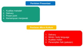 Penilaian Presentasi
1. Kualitas makalah
2. Delivery
3. Power point
4. Kemampuan menjawab
Penilaian Micro Kultum
1. Delivery
2. Mimik / body language
3. Kualitas materi
4. Penampilan fisik (pakaian)
 