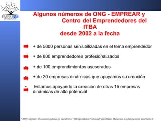 Algunos números de ONG - EMPREAR y  Centro  del Emprendedores del ITBA desde 2002 a la fecha + de 5000 personas sensibilizadas en el tema emprendedor  + de 800 emprendedores  profesionalizados + de 100  emprendimientos  asesorados   + de 20  empresas  dinámicas que apoyamos su creación Estamos apoyando  l a  creación de  otras  15  empresas  dinámicas de alto potencial   