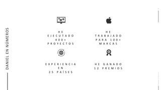 H E G A N A D O
1 2 P R E M I O S
H E
T R A B A J A D O
P A R A 1 0 0 +
M A R C A S
H E
E J E C U T A D O
4 0 0 +
P R O Y E C T O S
E X P E R I E N C I A
E N
2 5 P A Í S E S
HYDRA.DIGITAL
DANIELENNÚMEROS
 