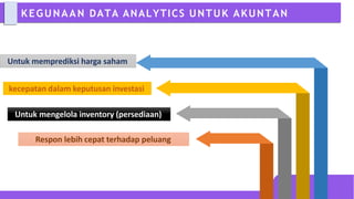 KEGUNAAN DATA ANALYTICS UNTUK AKUNTAN
Untuk memprediksi harga saham
kecepatan dalam keputusan investasi
Untuk mengelola inventory (persediaan)
Respon lebih cepat terhadap peluang
 