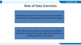 Role of Data Scientists
Data Scientists assist in turning raw data into information.
An experience in data analytics prove...