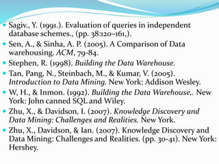  Sagiv., Y. (1991.). Evaluation of queries in independent
database schemes., (pp. 38:120–161,).
 Sen, A., & Sinha, A. P. (2005). A Comparison of Data
warehousing. ACM, 79-84.
 Stephen, R. (1998). Building the Data Warehouse.
 Tan, Pang, N., Steinbach, M., & Kumar, V. (2005).
Introduction to Data Mining. New York: Addison Wesley.
 W, H., & Inmon. (1992). Building the Data Warehouse,. New
York: John canned SQL and Wiley.
 Zhu, X., & Davidson, I. (2007). Knowledge Discovery and
Data Mining: Challenges and Realities. New York.
 Zhu, X., Davidson, & Ian. (2007). Knowledge Discovery and
Data Mining: Challenges and Realities. (pp. 30-41). New York:
Hershey.
 