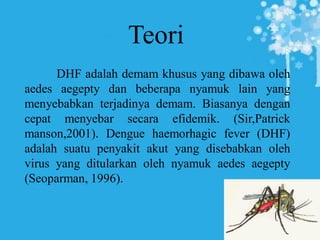 Teori
DHF adalah demam khusus yang dibawa oleh
aedes aegepty dan beberapa nyamuk lain yang
menyebabkan terjadinya demam. Biasanya dengan
cepat menyebar secara efidemik. (Sir,Patrick
manson,2001). Dengue haemorhagic fever (DHF)
adalah suatu penyakit akut yang disebabkan oleh
virus yang ditularkan oleh nyamuk aedes aegepty
(Seoparman, 1996).
 