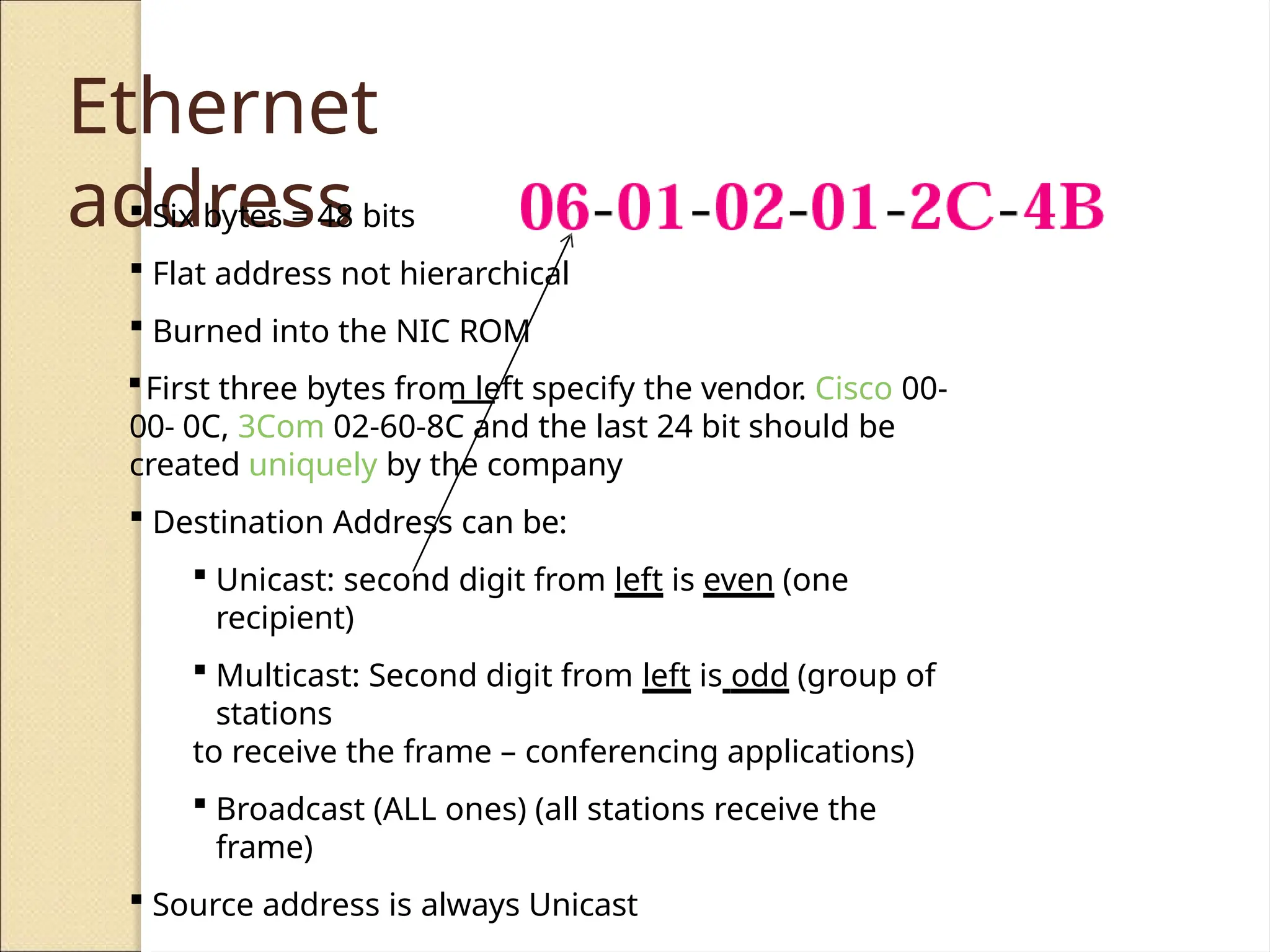 Ethernet
address
 Six bytes = 48 bits
 Flat address not hierarchical
 Burned into the NIC ROM
First three bytes from left specify the vendor. Cisco 00-
00- 0C, 3Com 02-60-8C and the last 24 bit should be
created uniquely by the company
 Destination Address can be:
 Unicast: second digit from left is even (one
recipient)
 Multicast: Second digit from left is odd (group of
stations
to receive the frame – conferencing applications)
 Broadcast (ALL ones) (all stations receive the
frame)
 Source address is always Unicast
 