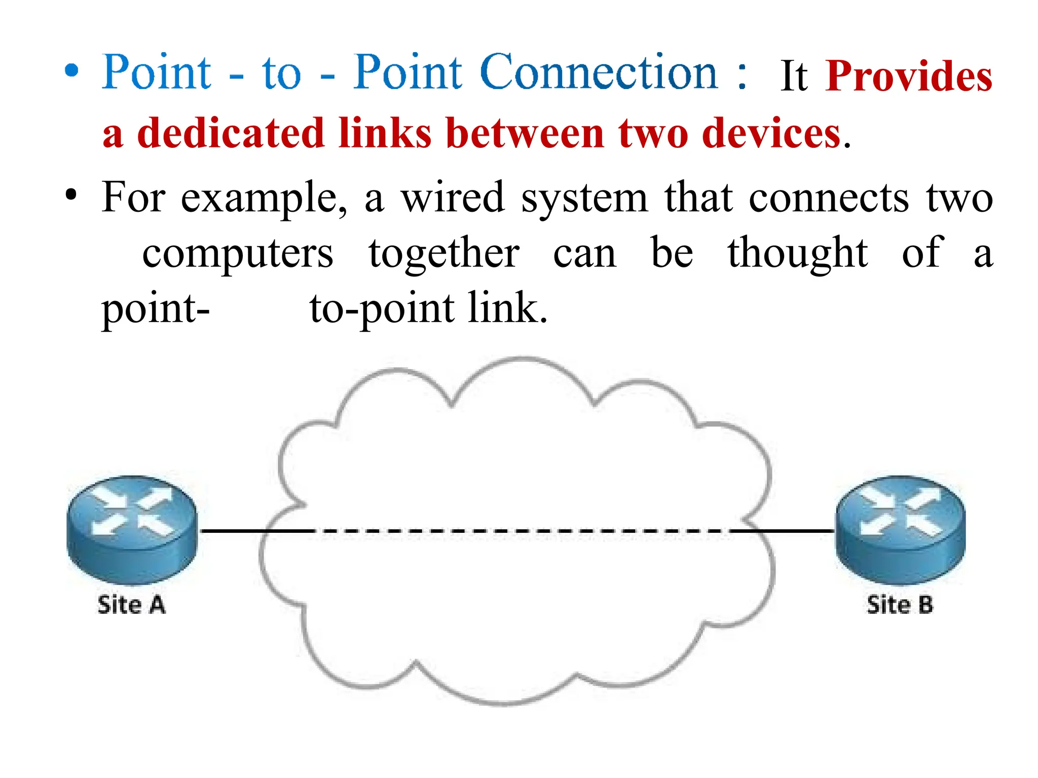 It Provides
a dedicated links between two devices.
• For example, a wired system that connects two
computers together can be thought of a
point- to-point link.
 