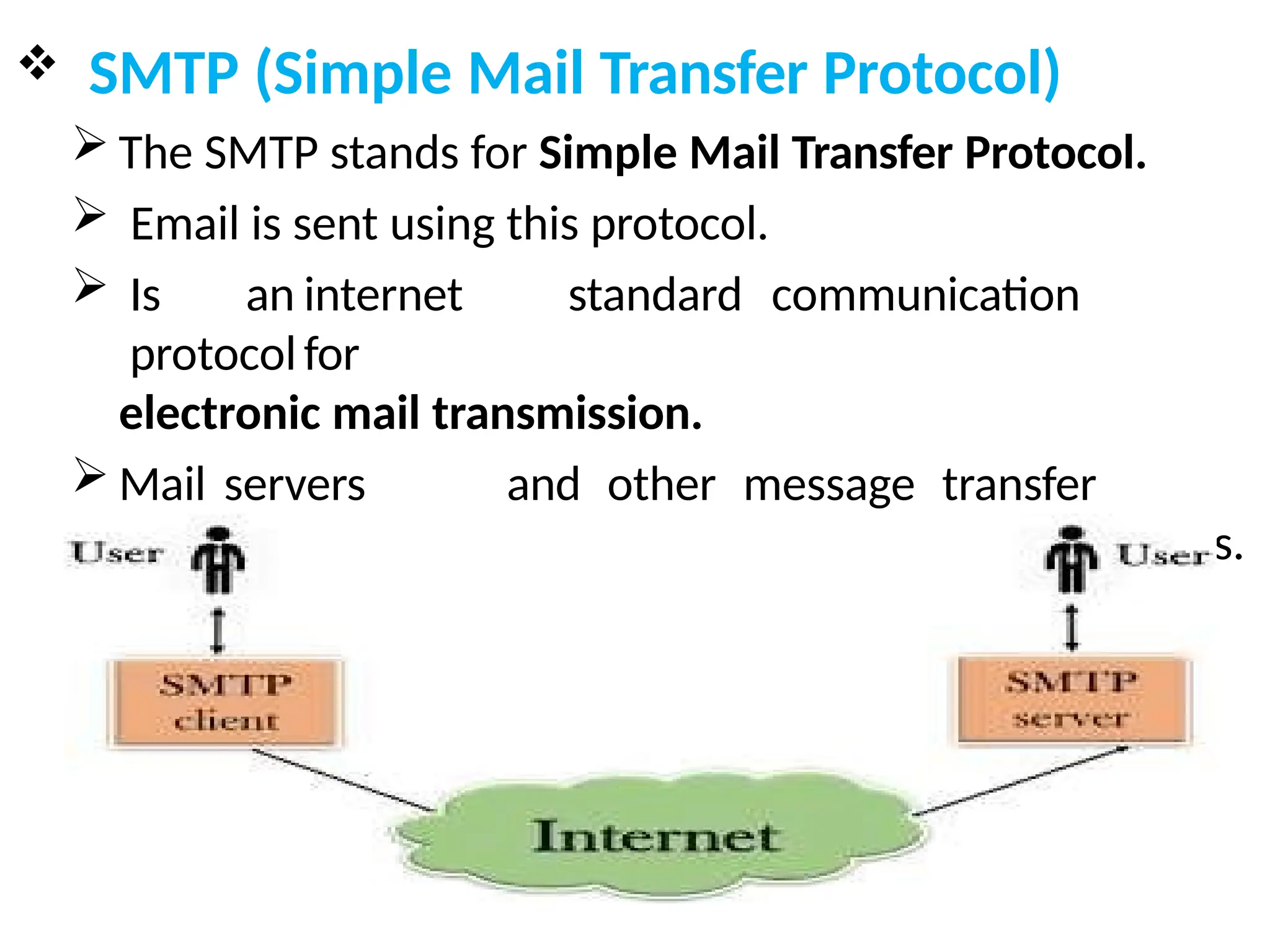  SMTP (Simple Mail Transfer Protocol)
 The SMTP stands for Simple Mail Transfer Protocol.
 Email is sent using this protocol.
 Is an internet standard communication
protocolfor
electronic mail transmission.
 Mail servers and other message transfer
agents use SMTP to send and receive mail messages.
 