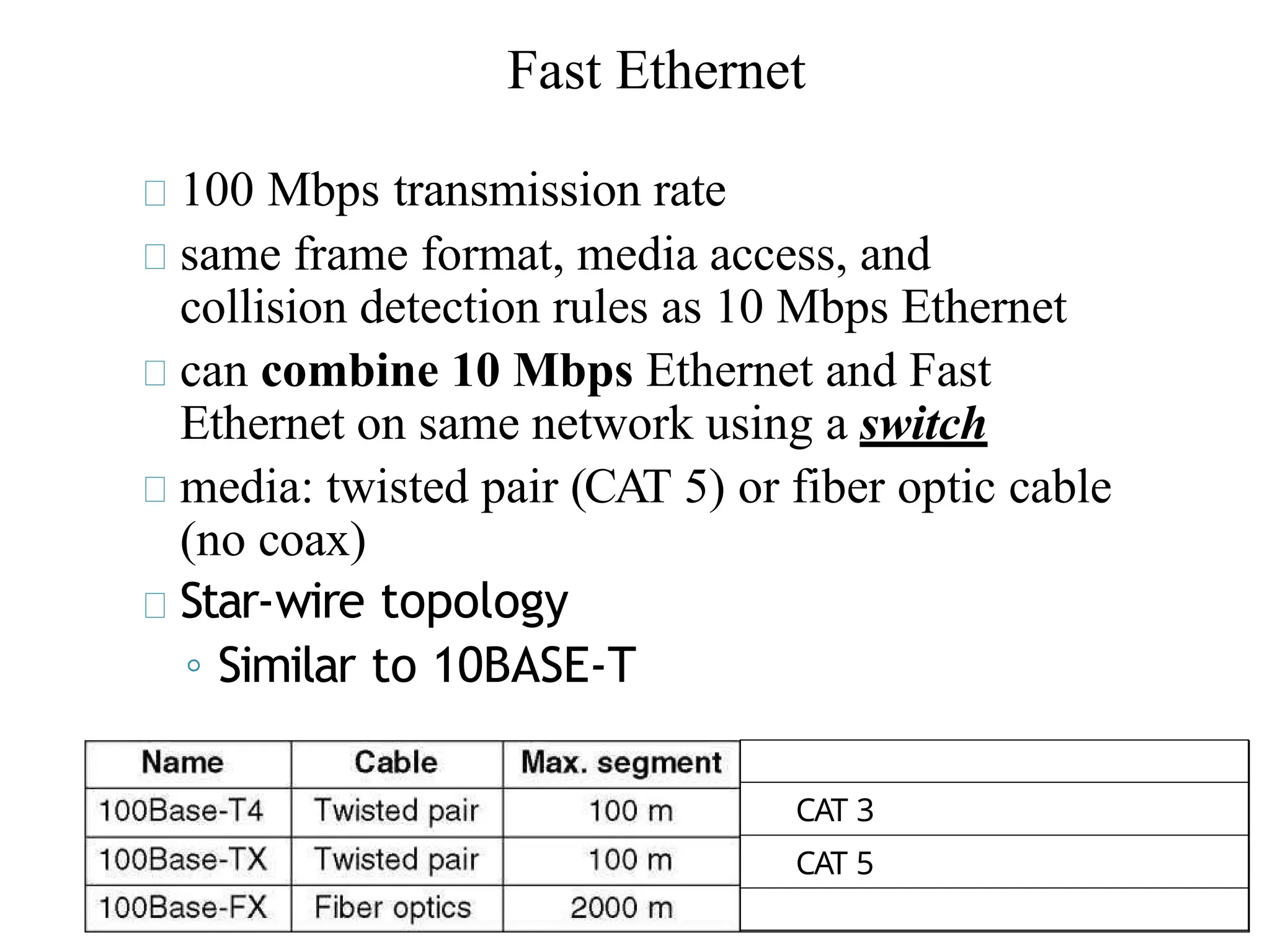 Fast Ethernet
100 Mbps transmission rate
same frame format, media access, and
collision detection rules as 10 Mbps Ethernet
can combine 10 Mbps Ethernet and Fast
Ethernet on same network using a switch
media: twisted pair (CAT 5) or fiber optic cable
(no coax)
Star-wire topology
◦ Similar to 10BASE-T
CAT 3
CAT 5
 