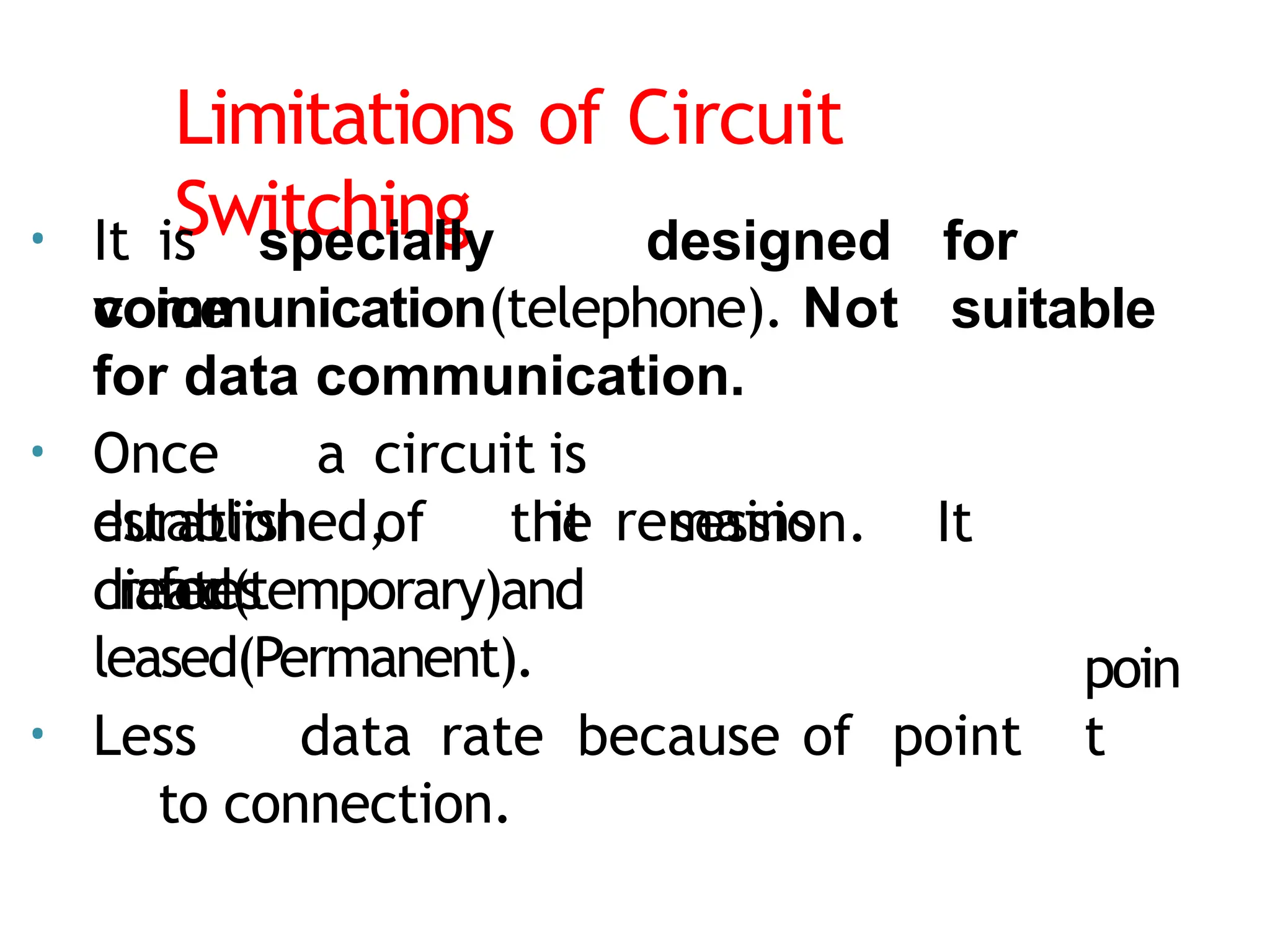 Limitations of Circuit
Switching
• It is specially designed for
voice suitable
communication(telephone). Not
for data communication.
• Once a circuit is
established, it remains
for
duration of the session. It
creates
dialed(temporary)and
leased(Permanent).
• Less data rate because of point
to connection.
poin
t
 