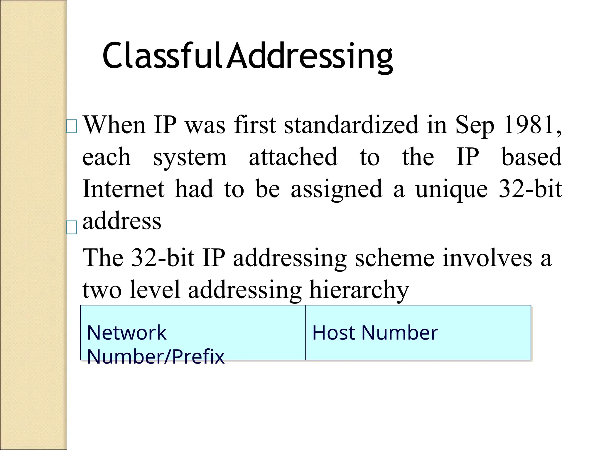 ClassfulAddressing
When IP was first standardized in Sep 1981,
each system attached to the IP based
Internet had to be assigned a unique 32-bit
address
The 32-bit IP addressing scheme involves a
two level addressing hierarchy
Network
Number/Prefix
Host Number
 