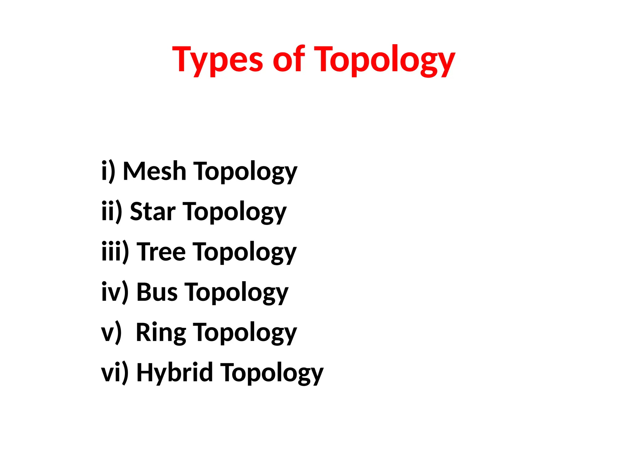 Types of Topology
i) Mesh Topology
ii) Star Topology
iii) Tree Topology
iv) Bus Topology
v) Ring Topology
vi) Hybrid Topology
 