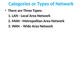 Categories or Types of Network
• There are Three Types:
1. LAN - Local Area Network
2. MAN - Metropolitan Area Network
3. WAN – Wide Area Network
 