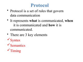 Protocol
• Protocol is a set of rules that govern
data communication
• It represents what is communicated, when
it is communicated and how it is
communicated.
• There are 3 key elements
Syntax
Semantics
Timing
 