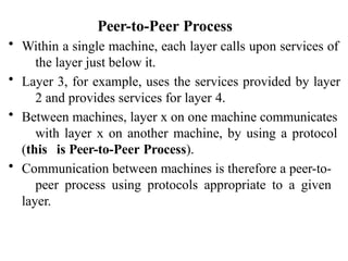 Peer-to-Peer Process
• Within a single machine, each layer calls upon services of
the layer just below it.
• Layer 3, for example, uses the services provided by layer
2 and provides services for layer 4.
• Between machines, layer x on one machine communicates
with layer x on another machine, by using a protocol
(this is Peer-to-Peer Process).
• Communication between machines is therefore a peer-to-
peer process using protocols appropriate to a given
layer.
 