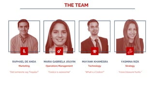 THE TEAM
Marketing
“Did someone say Tequila?”
Operations Management
“Costco is awesome!”
Technology
“What’s a Costco?”
Strategy
“I love treasure hunts.”
RAPHAEL DE ANDA MARIA GABRIELA JOUVIN MAYANK KHAMESRA YASMINA RIZK
 