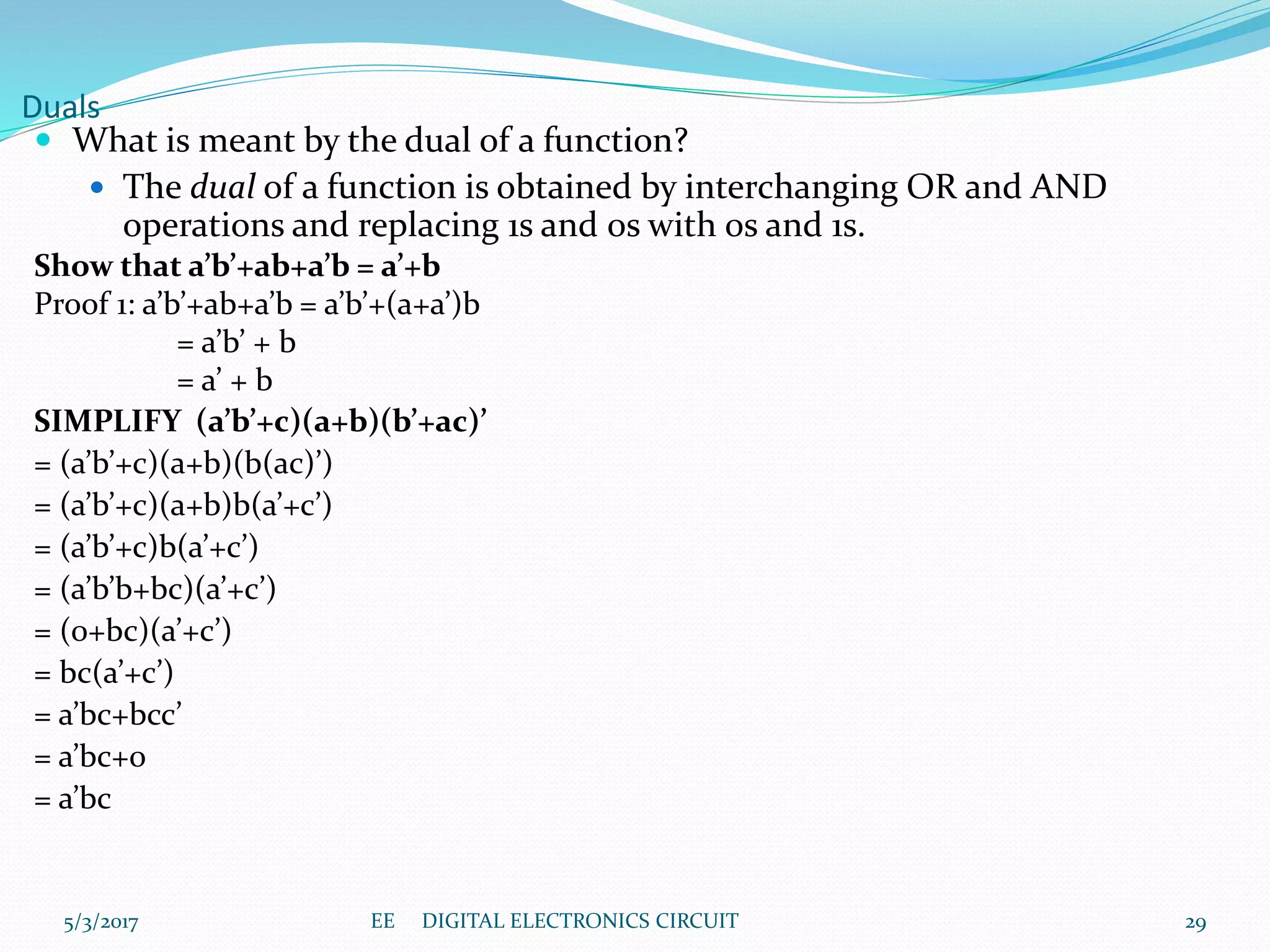 Duals
 What is meant by the dual of a function?
 The dual of a function is obtained by interchanging OR and AND
operations and replacing 1s and 0s with 0s and 1s.
Show that a’b’+ab+a’b = a’+b
Proof 1: a’b’+ab+a’b = a’b’+(a+a’)b
= a’b’ + b
= a’ + b
SIMPLIFY (a’b’+c)(a+b)(b’+ac)’
= (a’b’+c)(a+b)(b(ac)’)
= (a’b’+c)(a+b)b(a’+c’)
= (a’b’+c)b(a’+c’)
= (a’b’b+bc)(a’+c’)
= (0+bc)(a’+c’)
= bc(a’+c’)
= a’bc+bcc’
= a’bc+0
= a’bc
EE DIGITAL ELECTRONICS CIRCUIT 295/3/2017
 