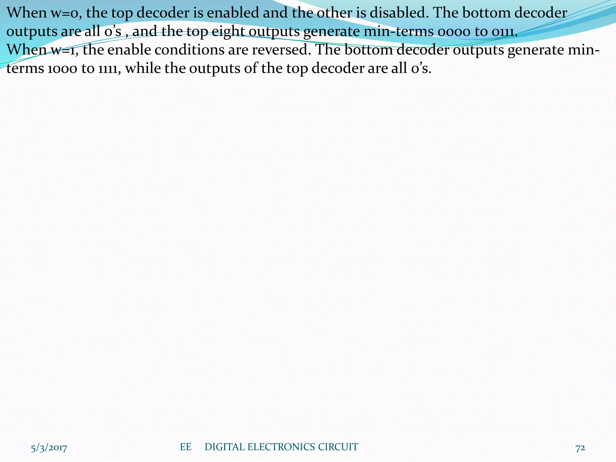 When w=0, the top decoder is enabled and the other is disabled. The bottom decoder
outputs are all 0’s , and the top eight outputs generate min-terms 0000 to 0111.
When w=1, the enable conditions are reversed. The bottom decoder outputs generate min-
terms 1000 to 1111, while the outputs of the top decoder are all 0’s.
5/3/2017 72EE DIGITAL ELECTRONICS CIRCUIT
 
