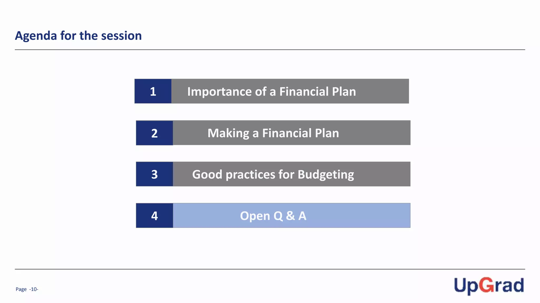 Page -10-
Agenda for the session
Importance of a Financial Plan
Making a Financial Plan
1
2
Good practices for Budgeting3
Open Q & A4
 