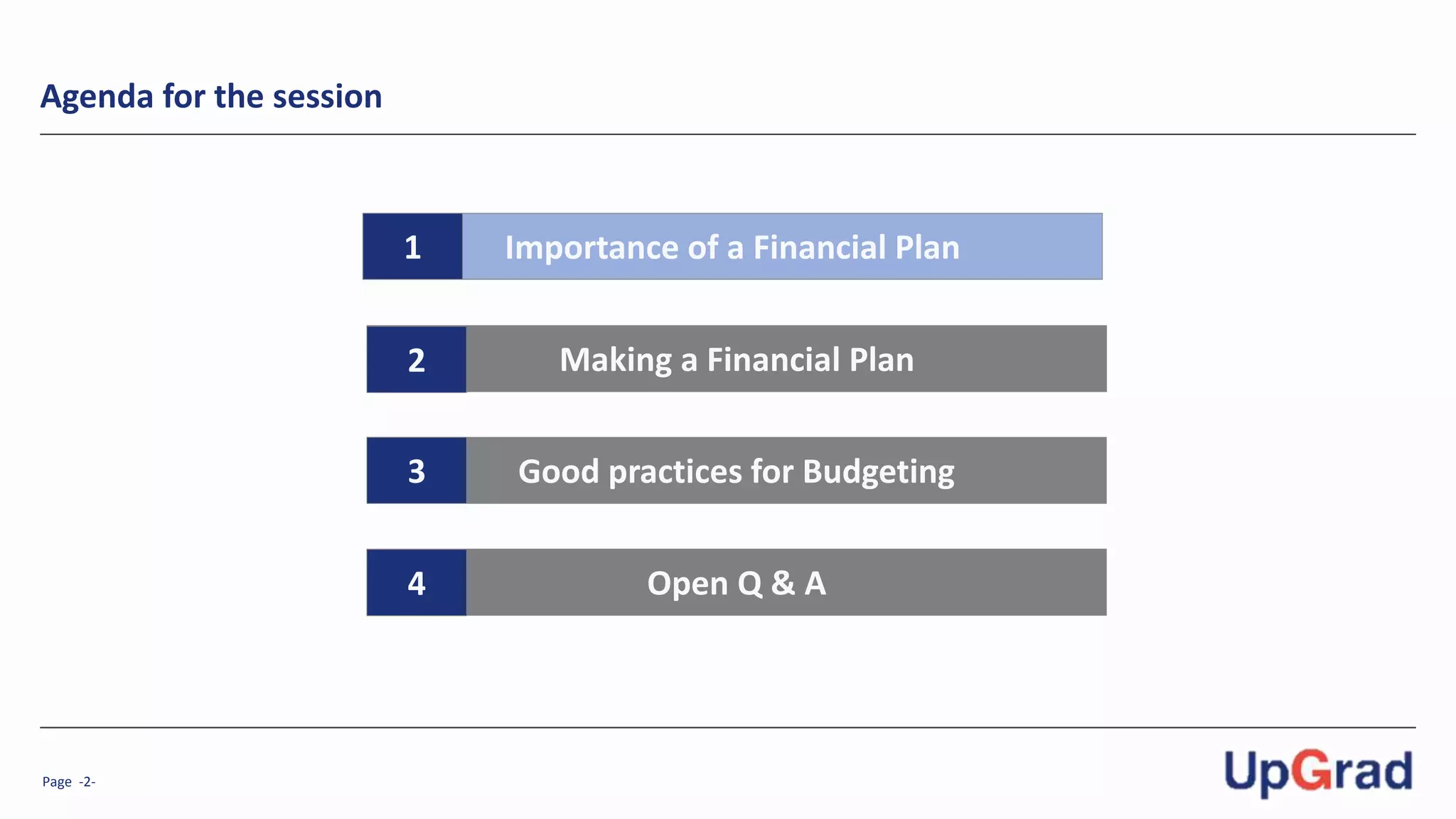 Page -2-
Agenda for the session
Importance of a Financial Plan
Making a Financial Plan
1
2
Good practices for Budgeting3
Open Q & A4
 
