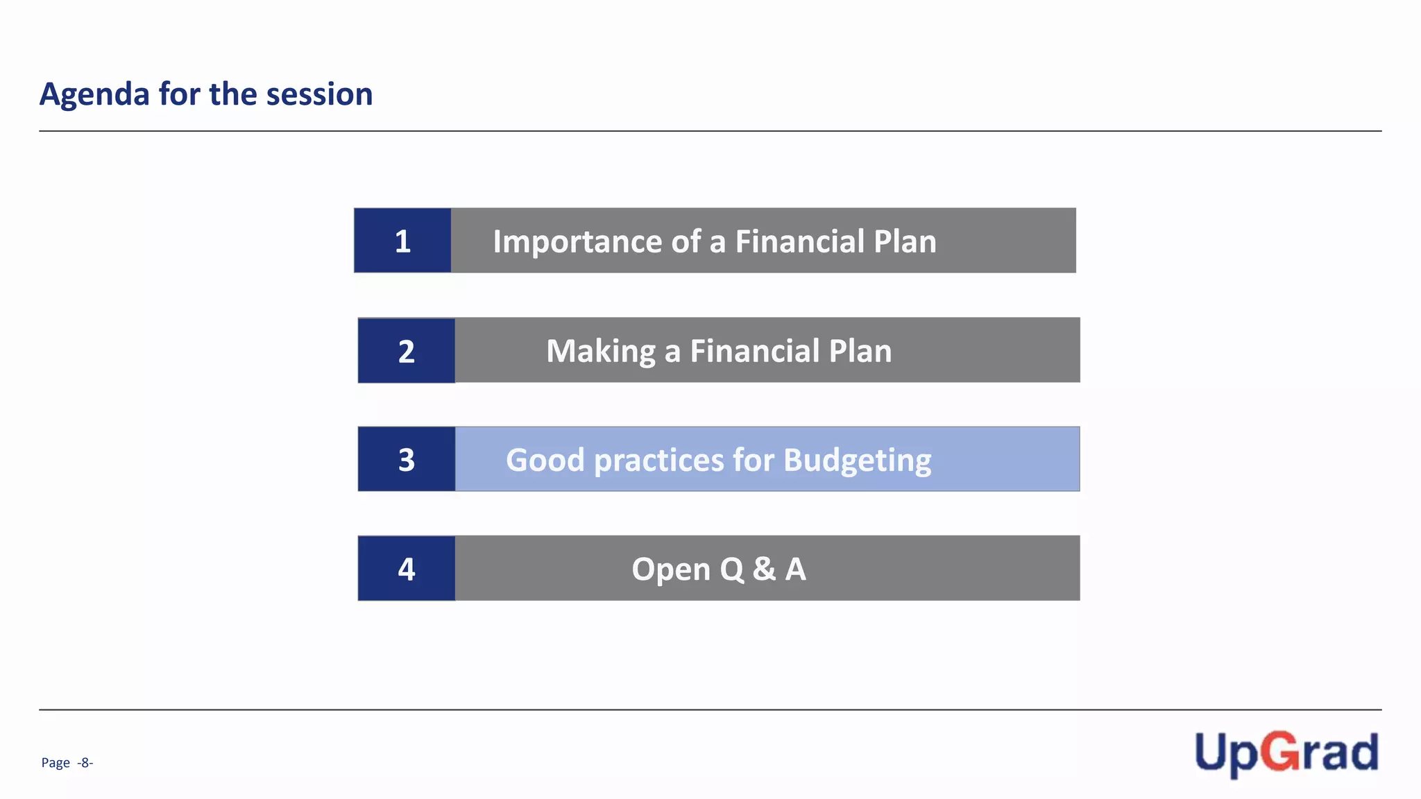 Page -8-
Agenda for the session
Importance of a Financial Plan
Making a Financial Plan
1
2
Good practices for Budgeting3
Open Q & A4
 
