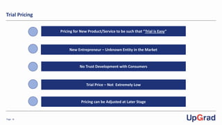 Page -8-
Trial Pricing
Pricing for New Product/Service to be such that “Trial is Easy”
New Entrepreneur – Unknown Entity in the Market
No Trust Development with Consumers
Trial Price – Not Extremely Low
Pricing can be Adjusted at Later Stage
 