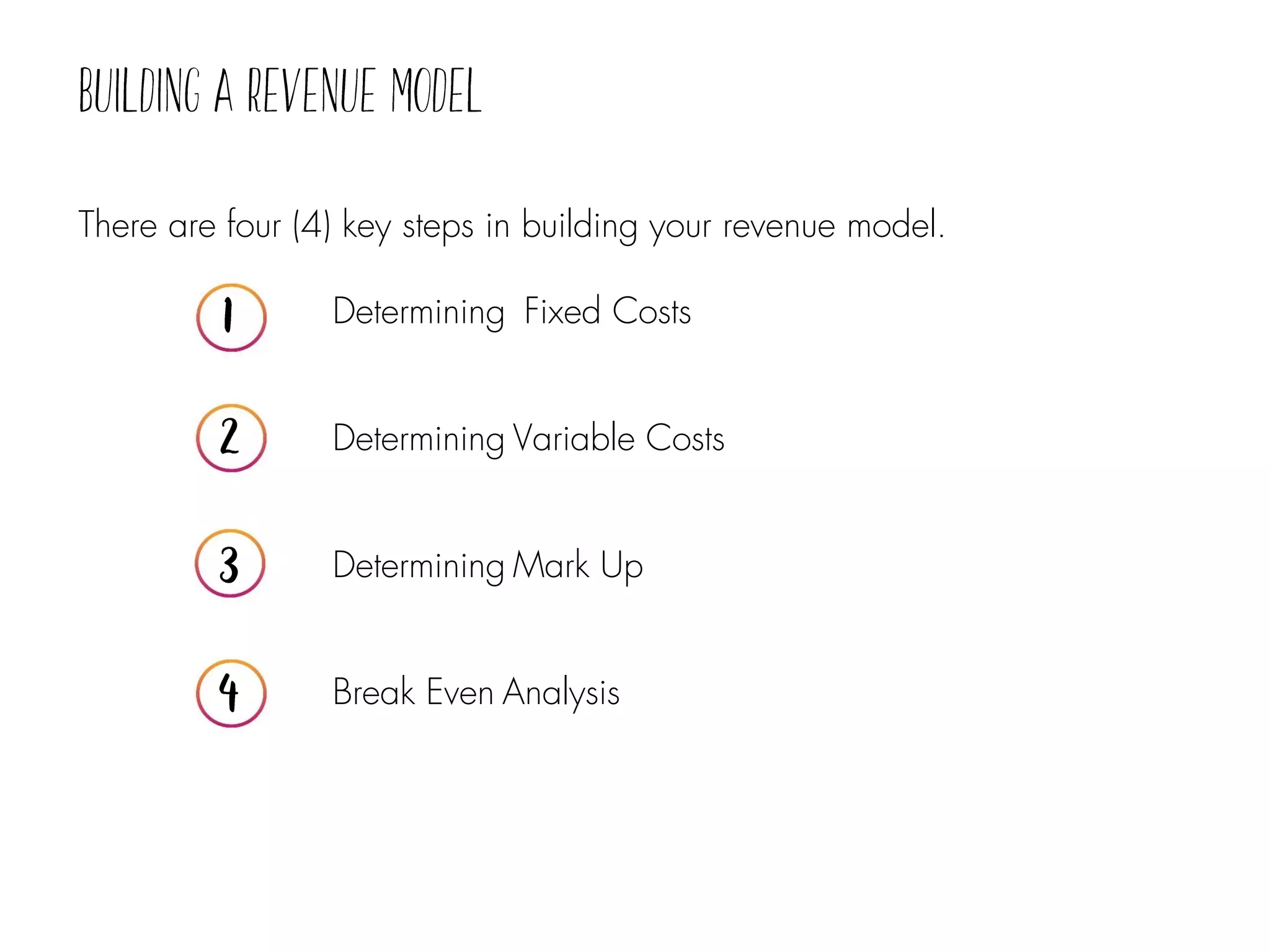 There are four (4) key steps in building your revenue model.
Determining Fixed Costs
Determining Variable Costs
Determining Mark Up
Break Even Analysis
 