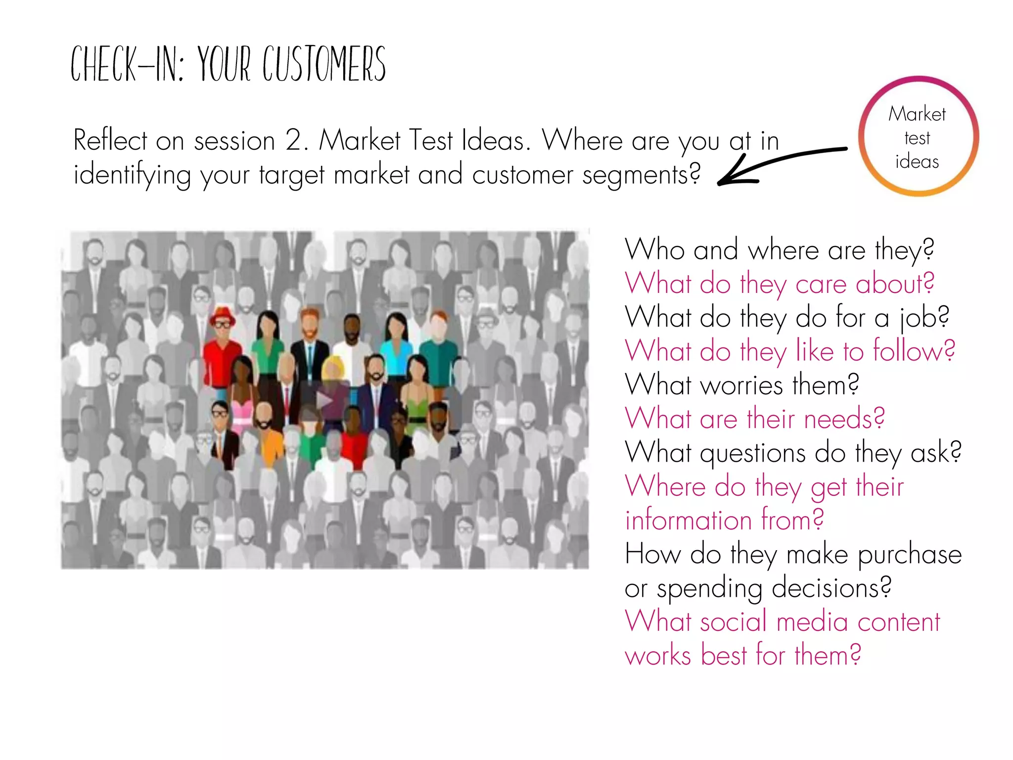 Who and where are they?
What do they care about?
What do they do for a job?
What do they like to follow?
What worries them?
What are their needs?
What questions do they ask?
Where do they get their
information from?
How do they make purchase
or spending decisions?
What social media content
works best for them?
Market
test
ideas
Reflect on session 2. Market Test Ideas. Where are you at in
identifying your target market and customer segments?
 