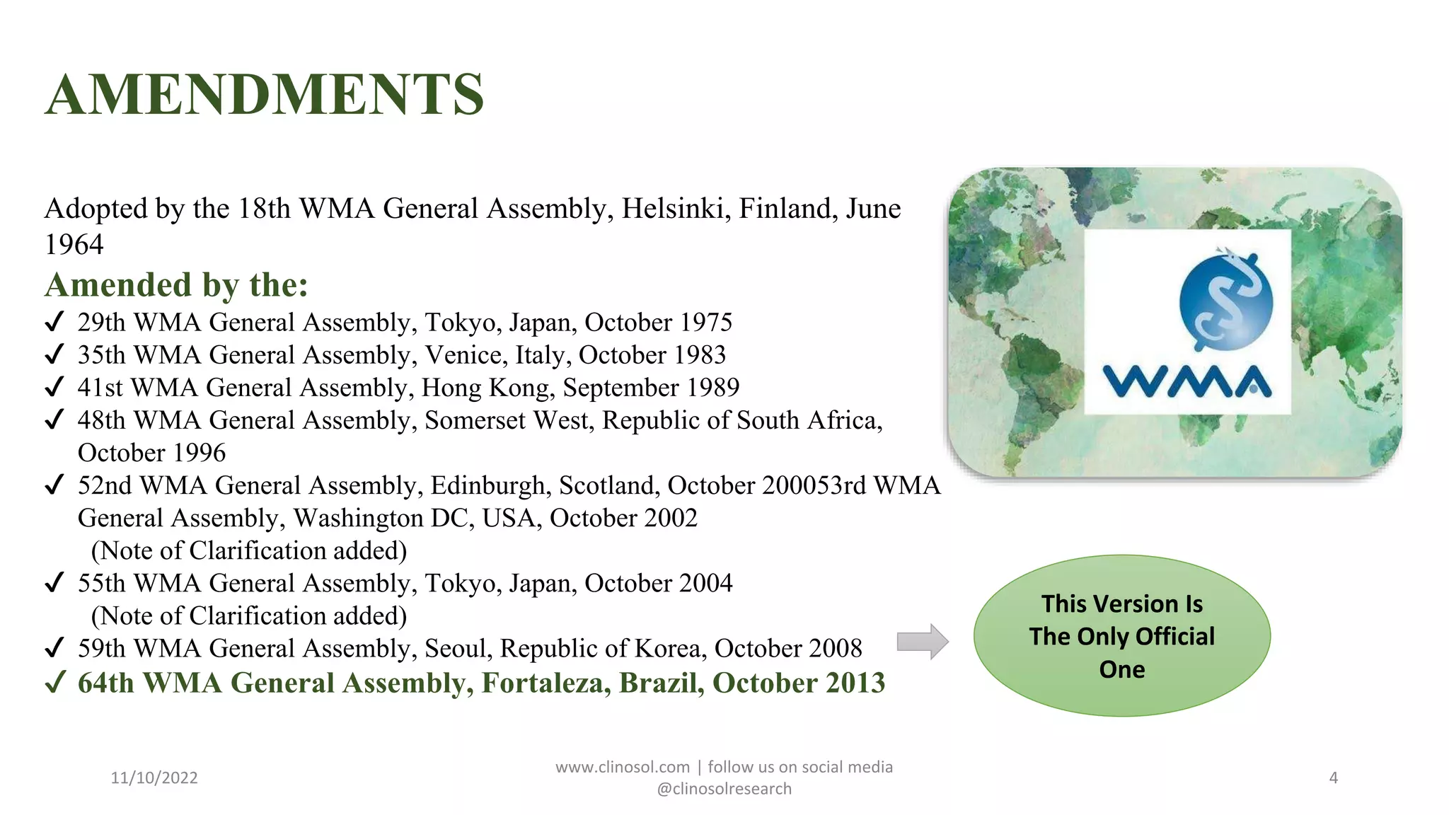 AMENDMENTS
11/10/2022
www.clinosol.com | follow us on social media
@clinosolresearch
4
Adopted by the 18th WMA General Assembly, Helsinki, Finland, June
1964
Amended by the:
✔ 29th WMA General Assembly, Tokyo, Japan, October 1975
✔ 35th WMA General Assembly, Venice, Italy, October 1983
✔ 41st WMA General Assembly, Hong Kong, September 1989
✔ 48th WMA General Assembly, Somerset West, Republic of South Africa,
October 1996
✔ 52nd WMA General Assembly, Edinburgh, Scotland, October 200053rd WMA
General Assembly, Washington DC, USA, October 2002
(Note of Clarification added)
✔ 55th WMA General Assembly, Tokyo, Japan, October 2004
(Note of Clarification added)
✔ 59th WMA General Assembly, Seoul, Republic of Korea, October 2008
✔ 64th WMA General Assembly, Fortaleza, Brazil, October 2013
This Version Is
The Only Official
One
 