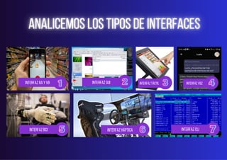 INTERFAZ GUI INTERFAZ TÁCTIL INTERFAZ VOZ
INTERFAZ RA Y VR
INTERFAZ BCI INTERFAZ HÁPTICA INTERFAZ CLI
 